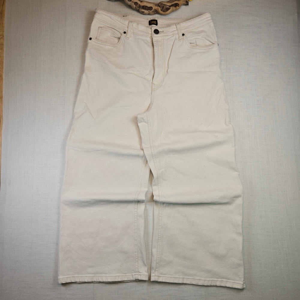 Lee Wide Leg Jeans Size 14 Women Cream High Rise Denim Pants EUC Baggies 32x25"